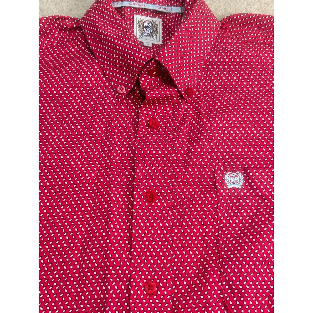 Cinch Mens Red Geo Print Long Sleeve Button Down Shirt Size‎ S